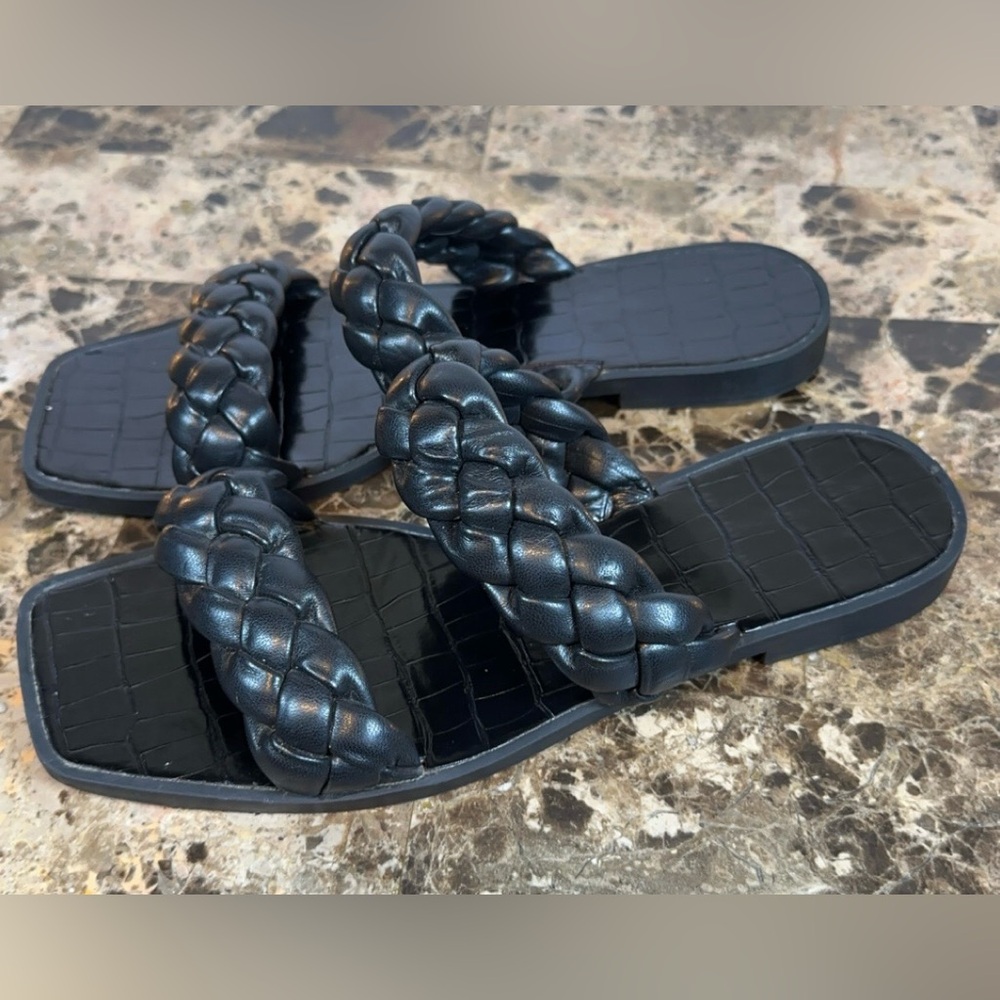 Trish Lucia Women's Square Open Toe Flat Sandals Braided Strap Slip-on Slides
